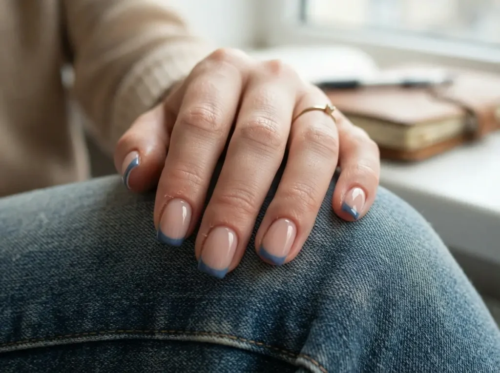 Back to School Nails 2026: 15 Cute & School-Friendly Ideas 8 Nude nails with soft denim blue French tips for a casual back-to-school manicure.