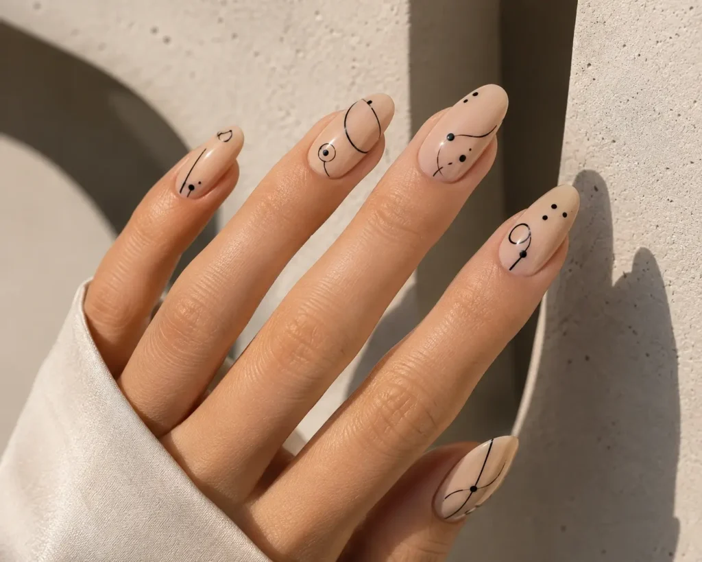 modern geometric dot and line nail art