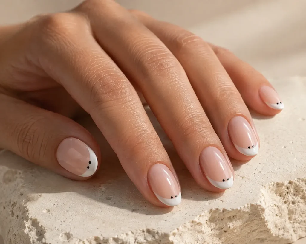 minimal French manicure with two accent dots