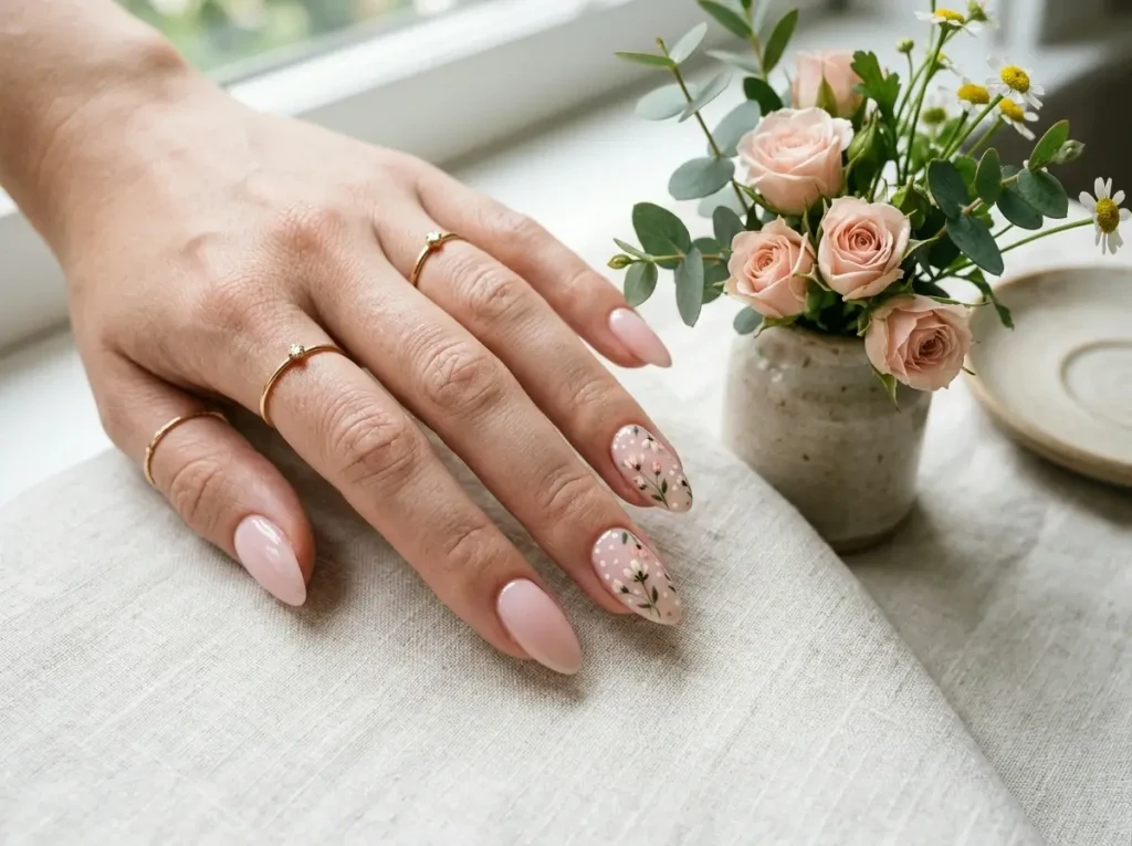 floral nail art combined with polka dots