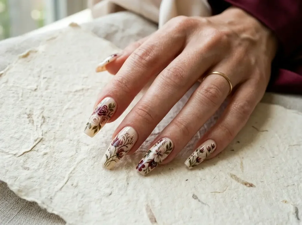 Burgundy Nail Designs: 18 Classy Ideas for Every Nail Shape (2026) 12 burgundy floral nail art with cream and blush details