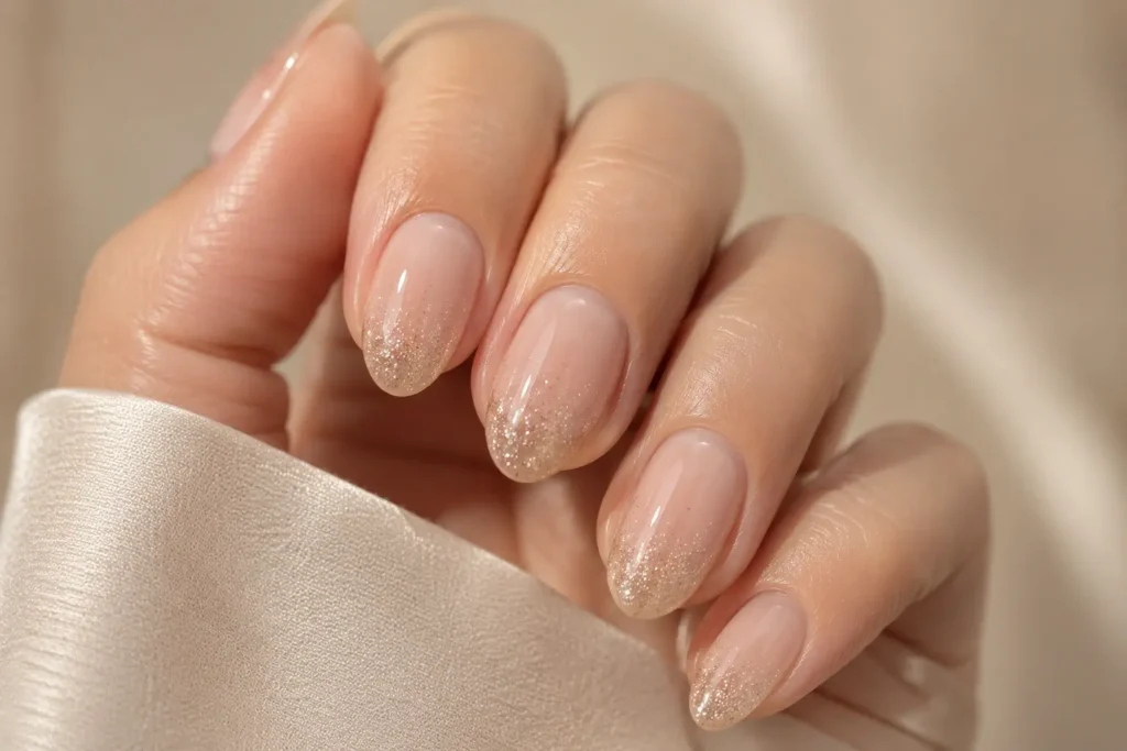 Short almond nails featuring a subtle champagne glitter gradient.