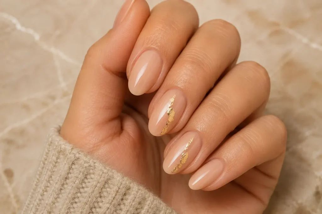 Glossy nude short almond nails with delicate gold foil accents.