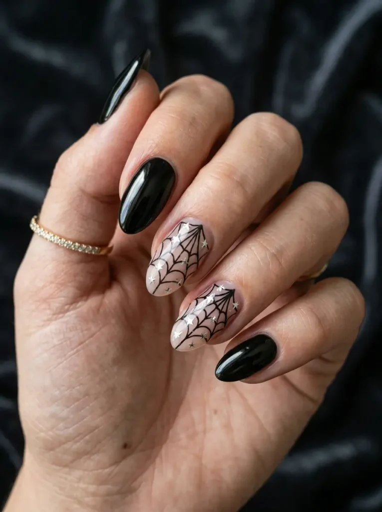 Halloween Nails 2026: 30+ Cute, Classy & Spooky Designs 31 gothic black and burgundy Halloween nails with chrome accents