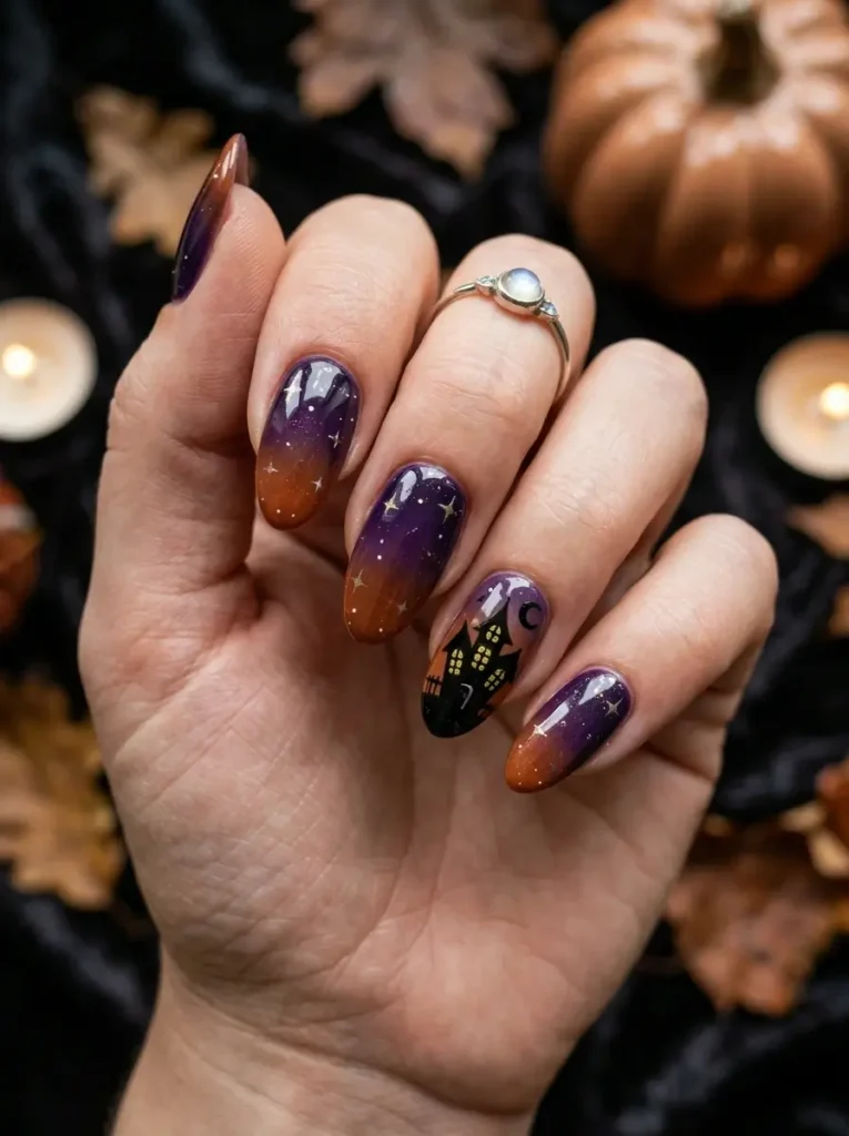 Halloween Nails 2026: 30+ Cute, Classy & Spooky Designs 23 haunted house spooky Halloween nail design