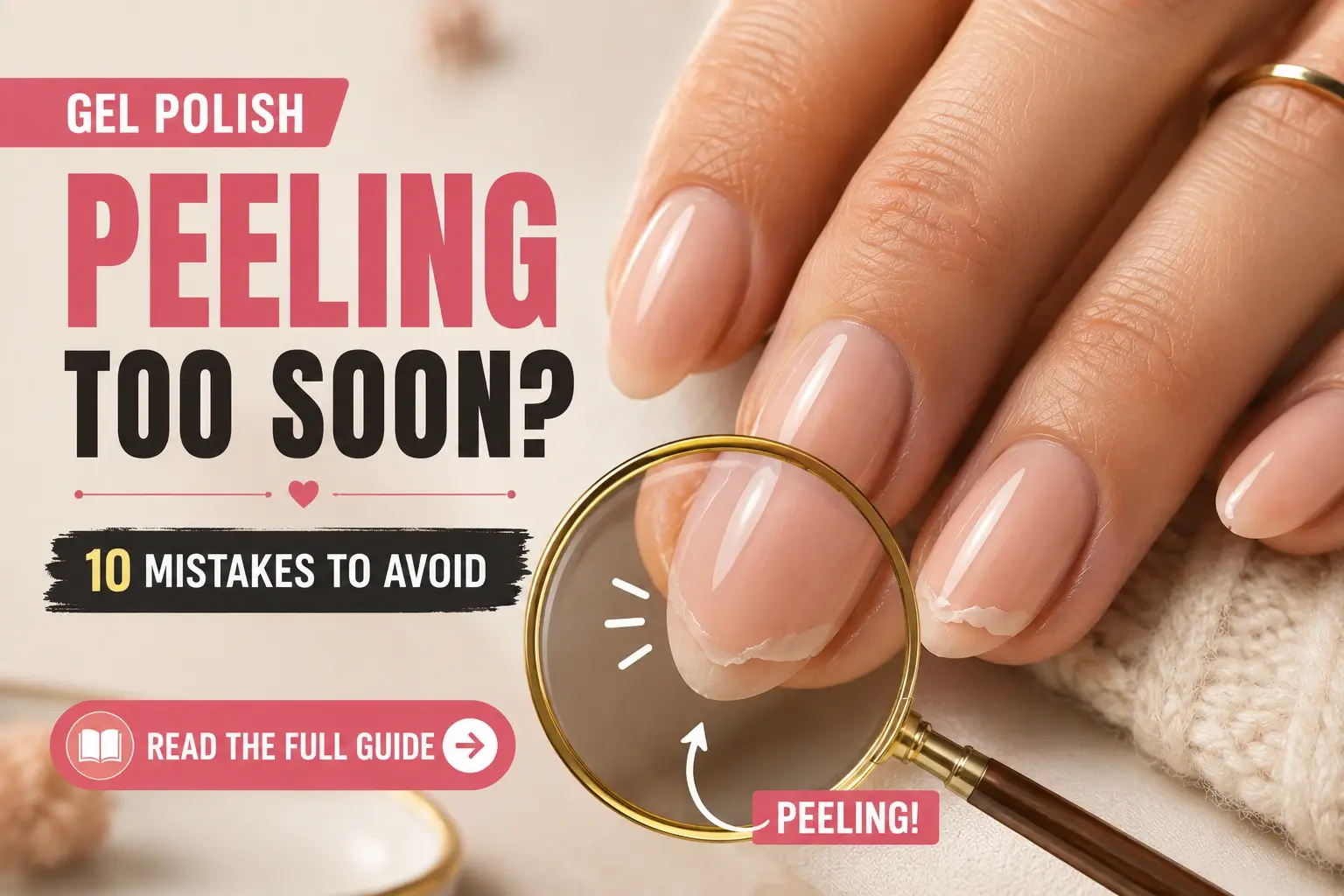Home 6 Woman with a glossy nude gel manicure showing early peeling near the nail edge