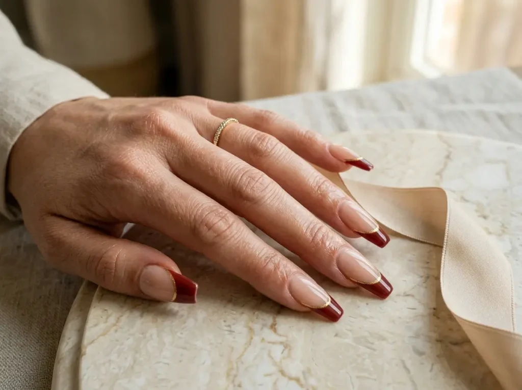 Burgundy Nail Designs: 18 Classy Ideas for Every Nail Shape (2026) 6 Maroon French Tips With Gold Line