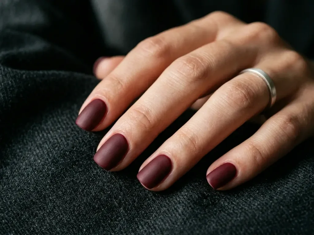 Burgundy Nail Designs: 18 Classy Ideas for Every Nail Shape (2026) 2 modern matte burgundy nails with a sophisticated finish