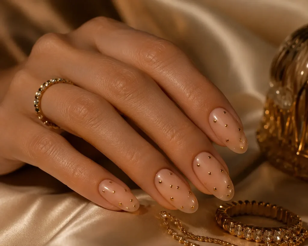 nude nails with metallic gold polka dots