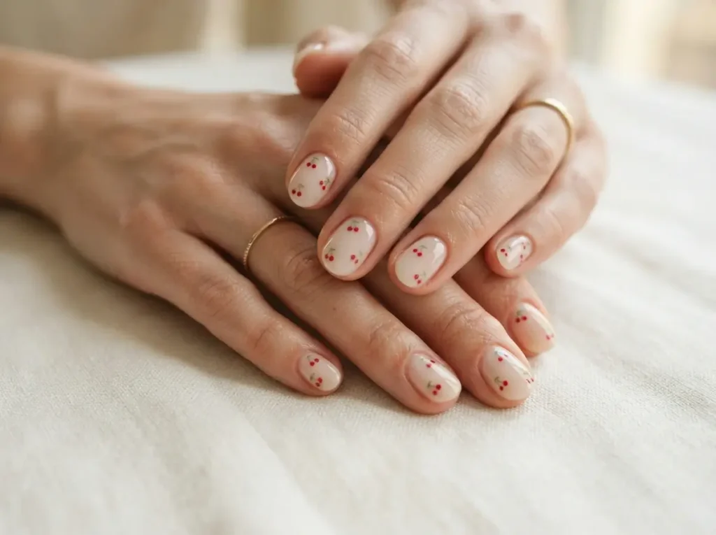 Best Cherry Nail Art: 20 Cute & Classy Designs to Try in 2026 1 Minimal micro cherry nail art on sheer nude short nails