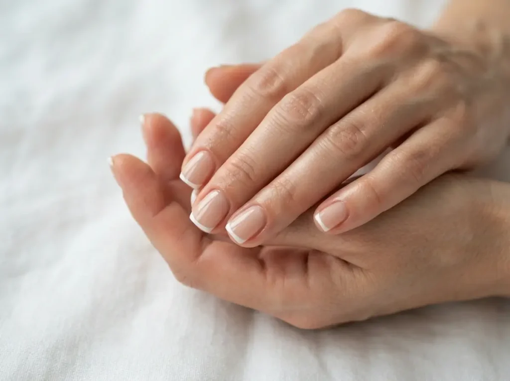 Back to School Nails 2026: 15 Cute & School-Friendly Ideas 10 Short nude nails with extremely thin white micro French tips for school.