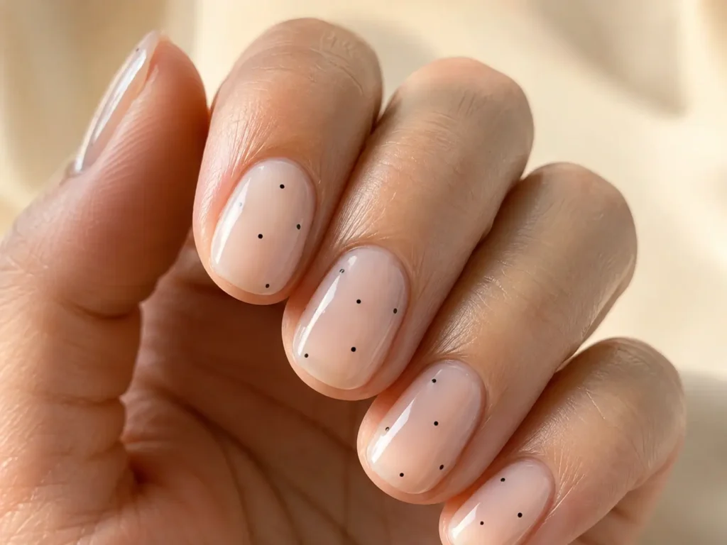 minimal nude nails with tiny black polka dots