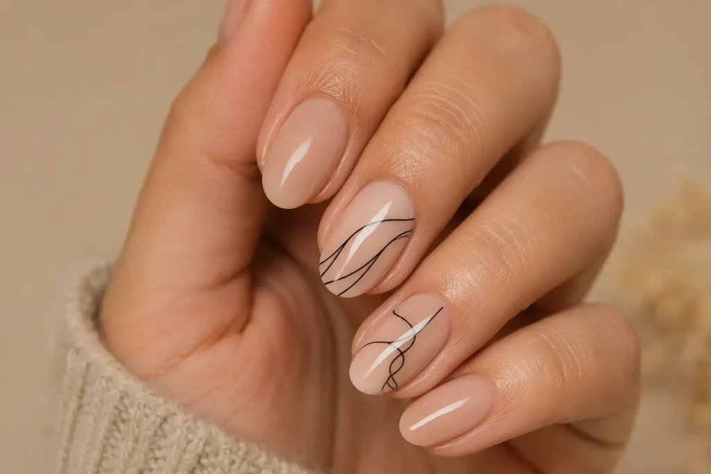 Short almond nails with minimalist black line art.