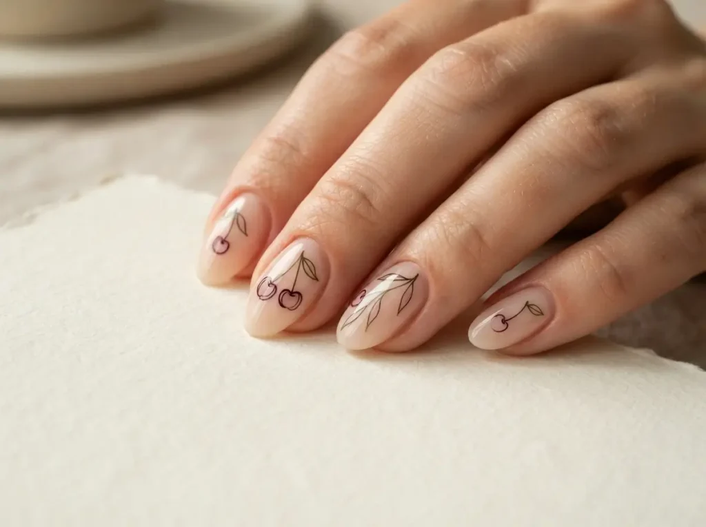 Best Cherry Nail Art: 20 Cute & Classy Designs to Try in 2026 5 Minimal cherry line art on sheer nude nails