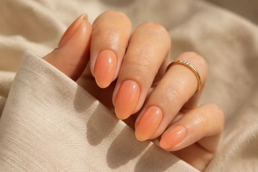 Elegant short almond nails with a tiny pearl accent on a glossy nude base.