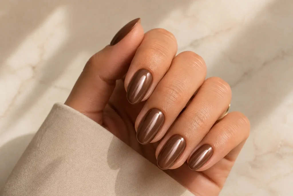Short almond nails painted in glossy mocha chrome polish.