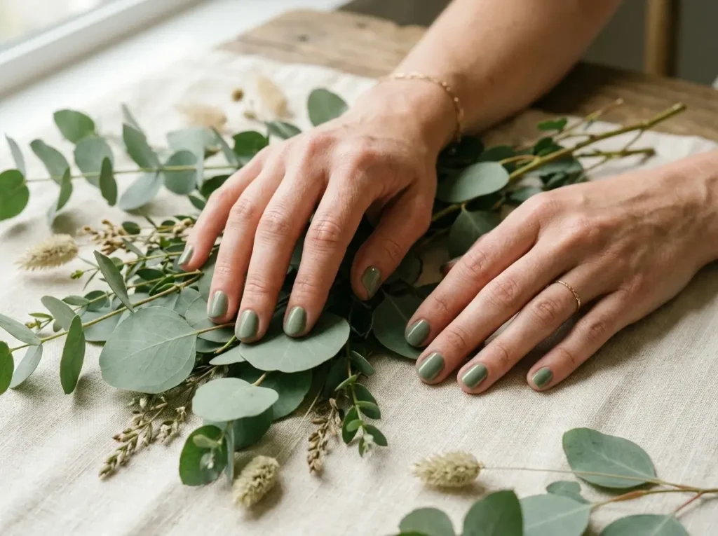 September Nail Ideas 2026: 15 Pretty Designs for the Summer-to-Fall Transition 8 muted sage green September nails with a minimalist manicure