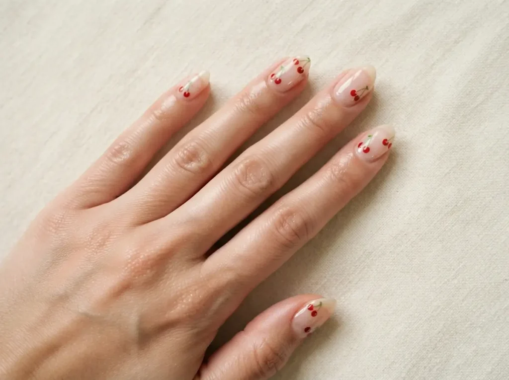 Best Cherry Nail Art: 20 Cute & Classy Designs to Try in 2026 18 Negative-space cherry nail art on transparent nude nails