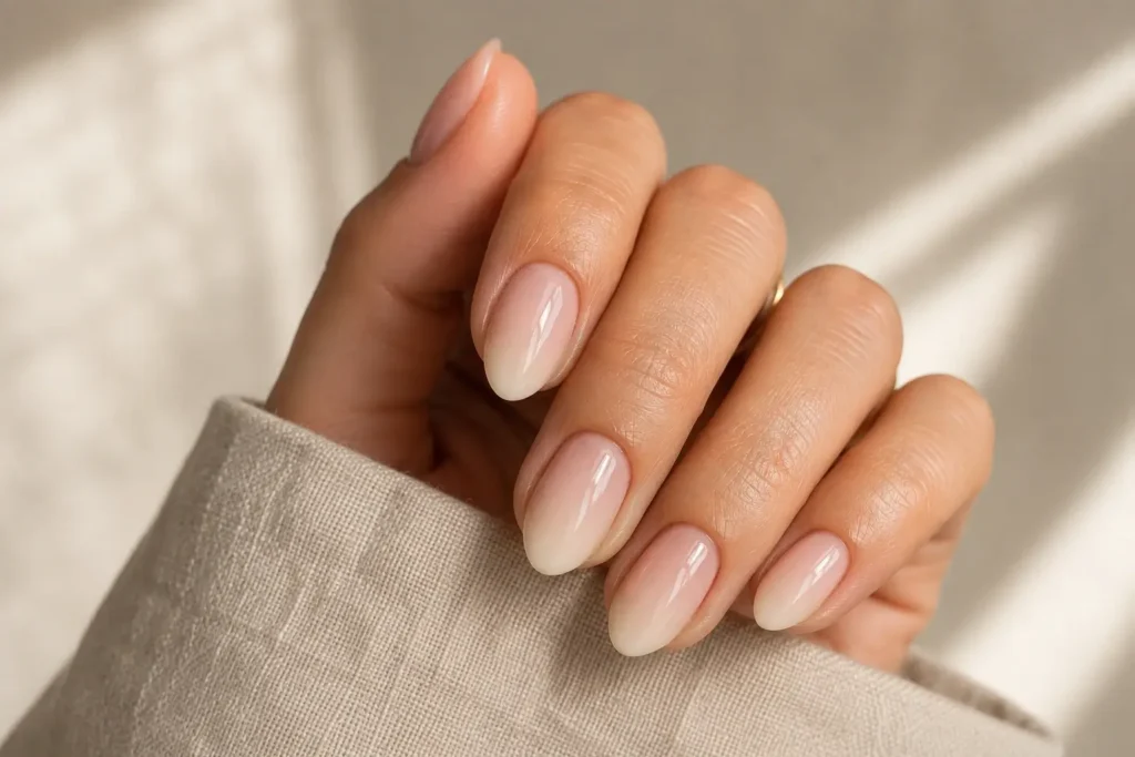 Elegant nude ombré short almond nails with glossy finish.