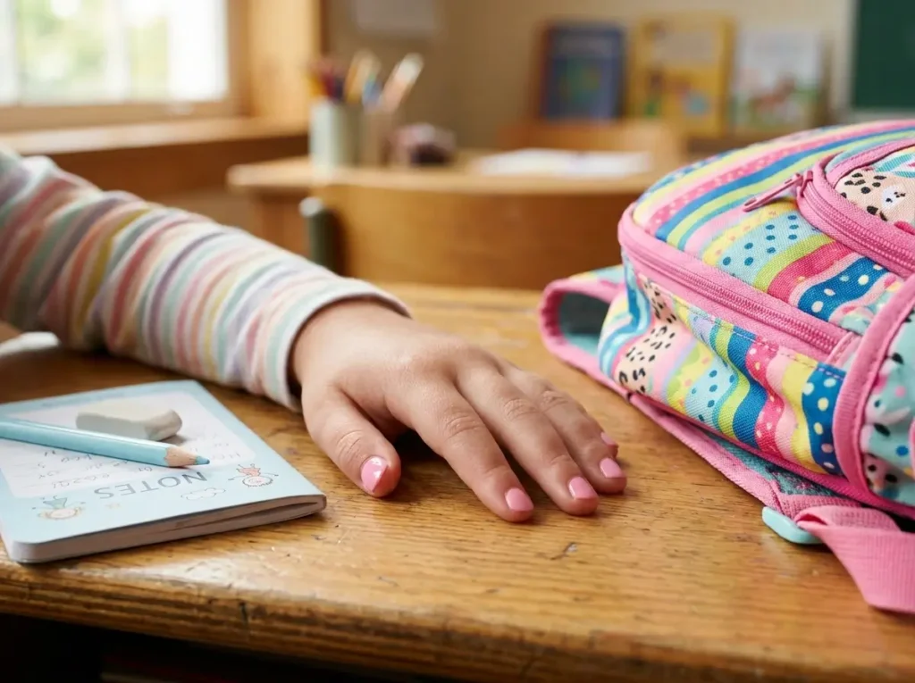 Back to School Nails for Kids: 15 Cute, Simple & Age-Appropriate Ideas 1 Short pastel pink peel-off nails for a child's back-to-school manicure