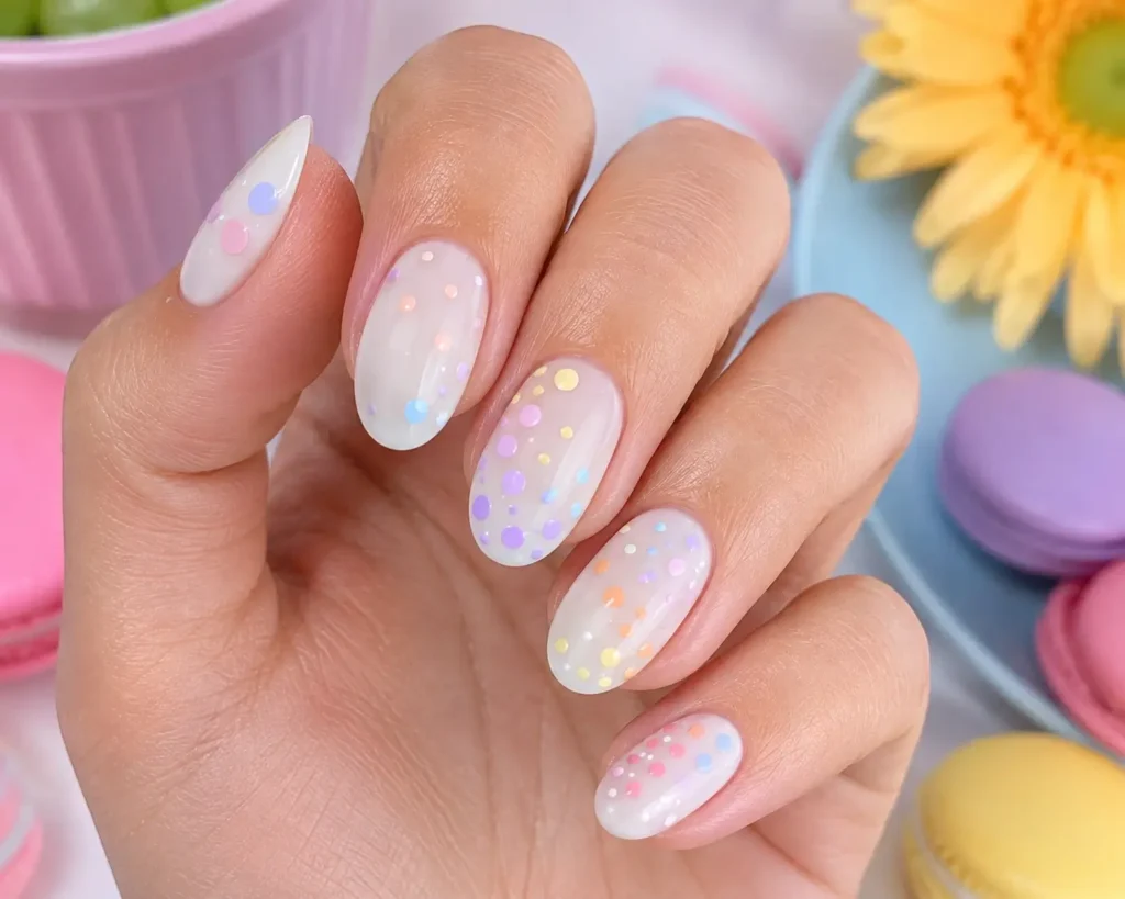 pastel rainbow polka dot nail design