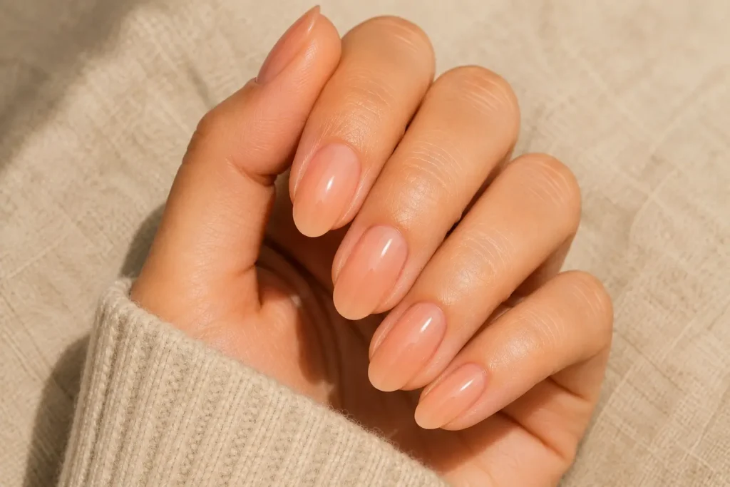 Short almond nails with translucent peach jelly polish.