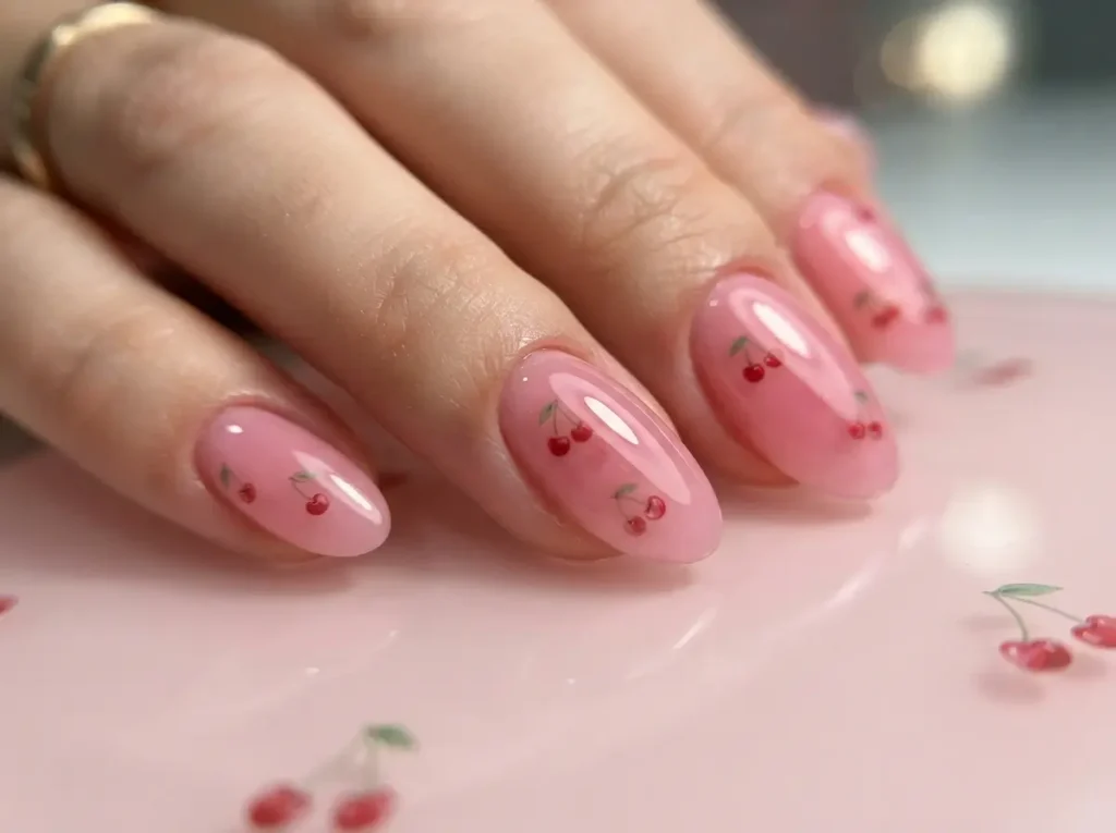 Best Cherry Nail Art: 20 Cute & Classy Designs to Try in 2026 7 Glossy pink jelly nails with cherry nail art