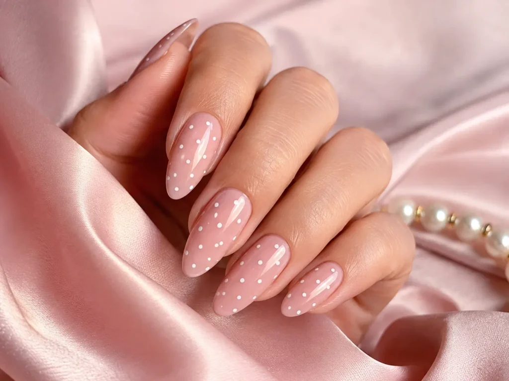 soft pink and white polka dot nail design