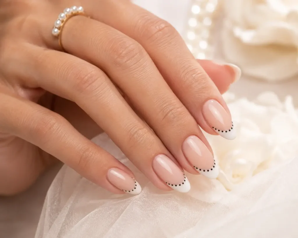 French tip nails with polka dot nail art