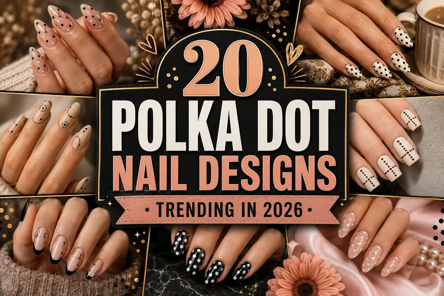 Home 13 Four polka dot nail designs including black and white, pink, colorful and French tip styles