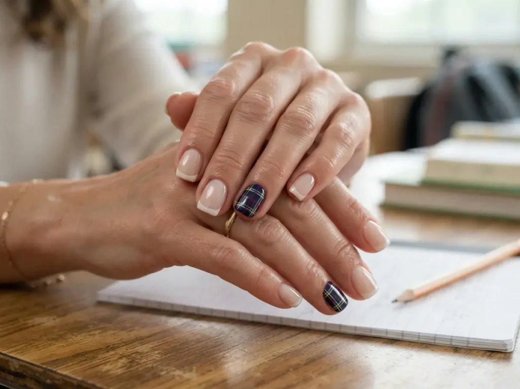 Back to School Nails 2026: 15 Cute & School-Friendly Ideas 2 Preppy French tip nails with a navy and red plaid accent nail for back to school.