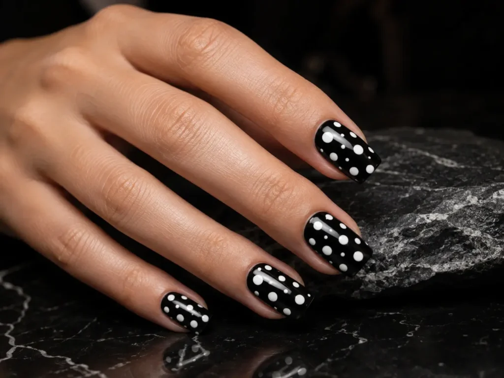 black nails with white polka dots
