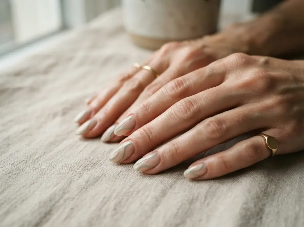 Back to School Nails 2026: 15 Cute & School-Friendly Ideas 13 Nude nails with minimalist sage green swirl details for back to school.