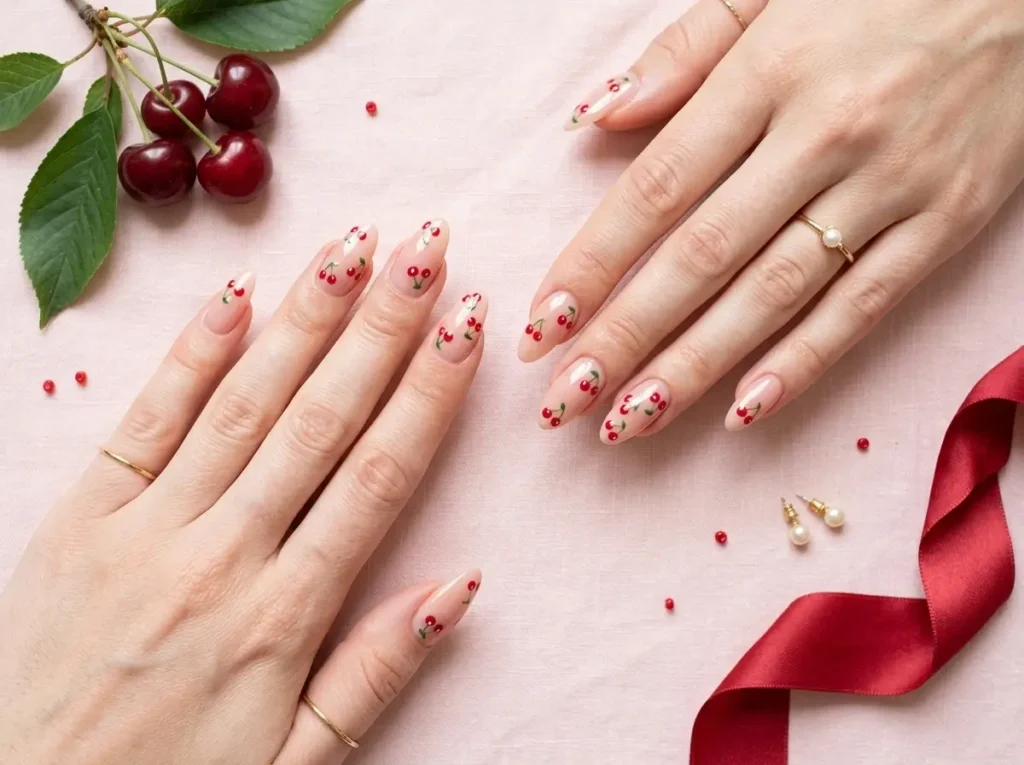 Best Cherry Nail Art: 20 Cute & Classy Designs to Try in 2026 4 Scattered tiny cherry nail art on glossy nude nails