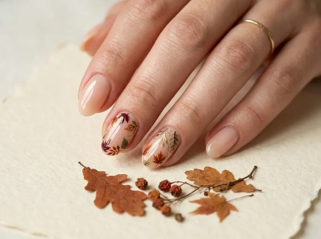 September Nail Ideas 2026: 15 Pretty Designs for the Summer-to-Fall Transition 11 simple September nails with burgundy and gold leaf accents