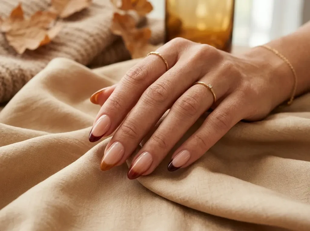 September Nail Ideas 2026: 15 Pretty Designs for the Summer-to-Fall Transition 10 burgundy and caramel French tip September nails