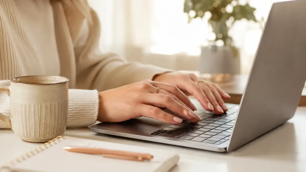 Woman typing on a laptop with elegant short almond nails
