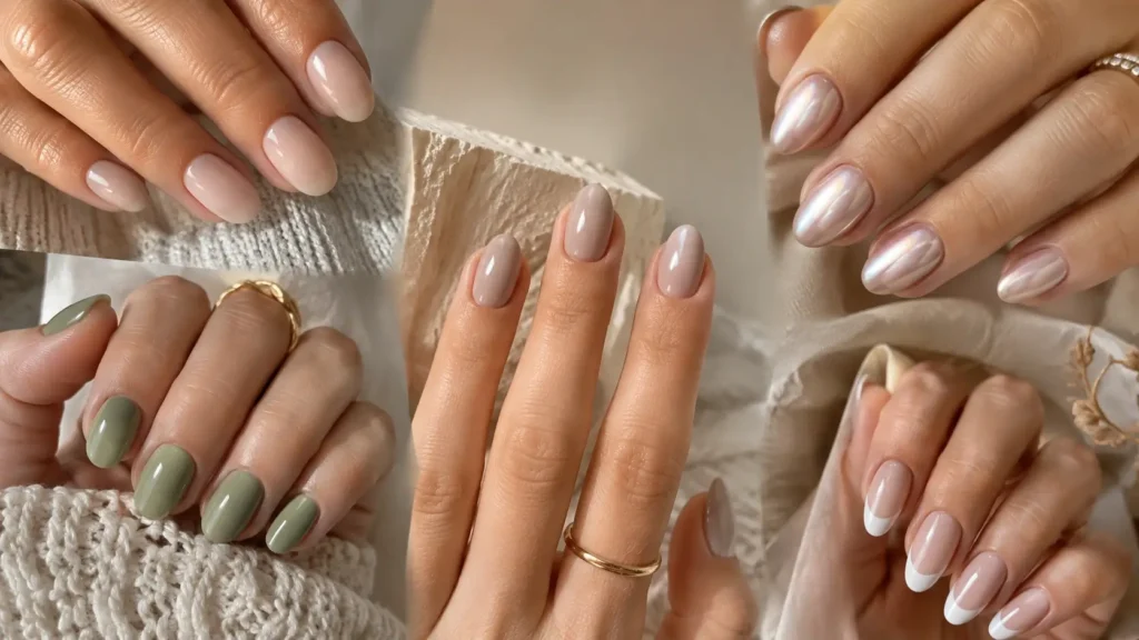 Minimalist glossy short almond nails in neutral tones