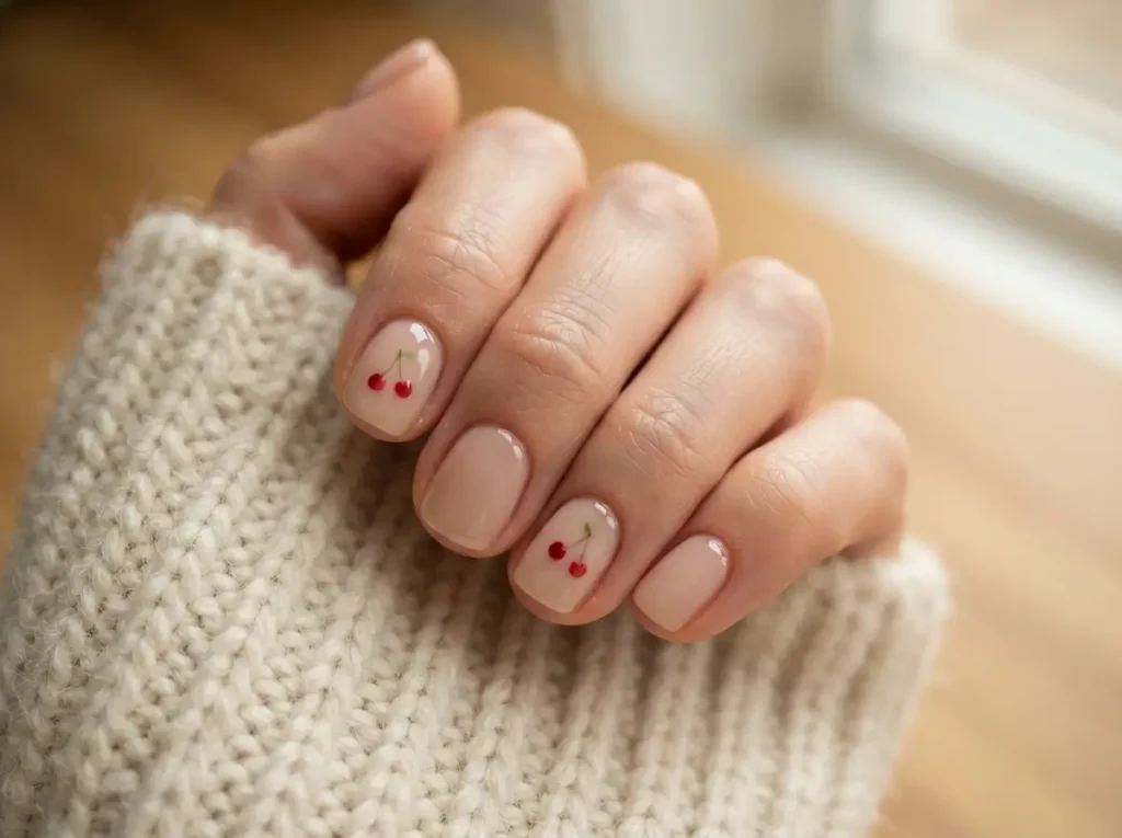 Best Cherry Nail Art: 20 Cute & Classy Designs to Try in 2026 16 Short cherry nail design with tiny red cherry accents