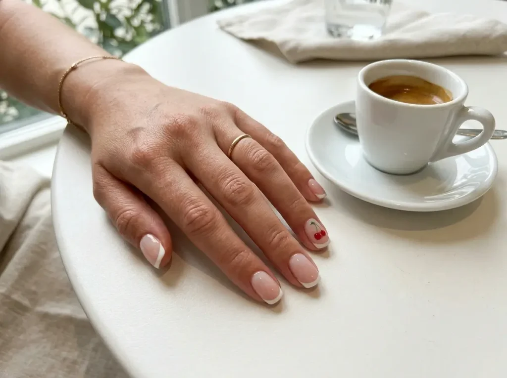 Best Cherry Nail Art: 20 Cute & Classy Designs to Try in 2026 17 Short French tip nails with tiny cherry accents