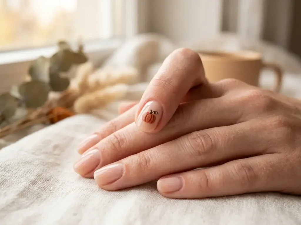 15 Trendy Fall Nail Designs You Need to Try in 2026 (Classy & Cozy Inspo) 5 Short rounded natural nails with sheer nude base and tiny painted pumpkin nail art