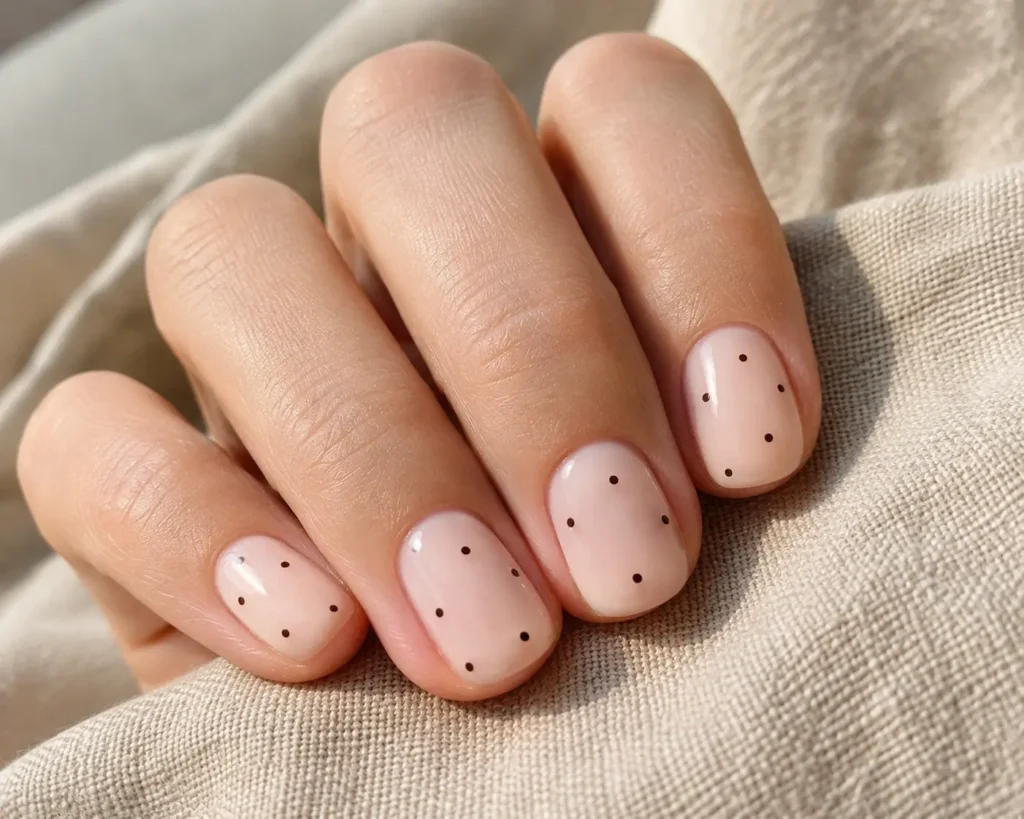 short natural nails with simple polka dot design