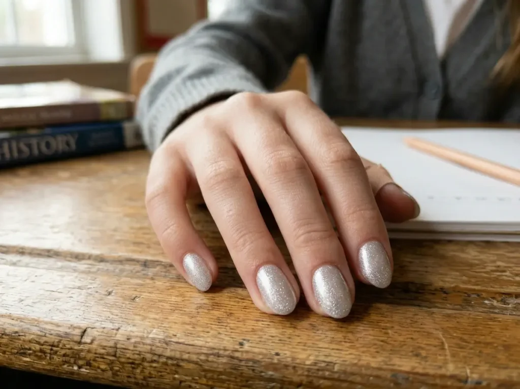 Back to School Nails for Kids: 15 Cute, Simple & Age-Appropriate Ideas 11 Short sparkly silver almond nails for tweens
