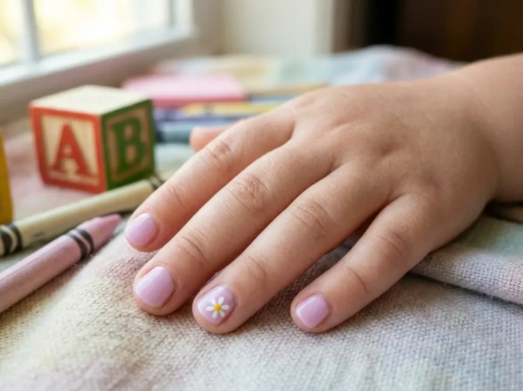 Back to School Nails for Kids: 15 Cute, Simple & Age-Appropriate Ideas 6 Simple daisy accent nails for a child's back-to-school manicure