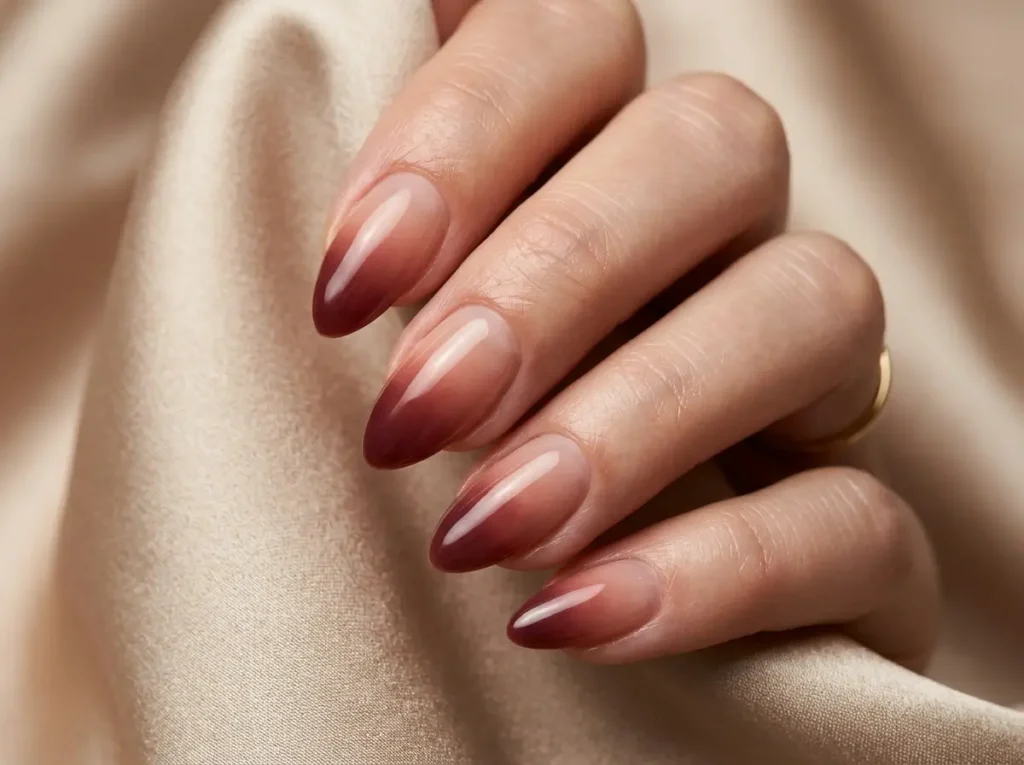 September Nail Ideas 2026: 15 Pretty Designs for the Summer-to-Fall Transition 12 simple nude and burgundy ombre September nails