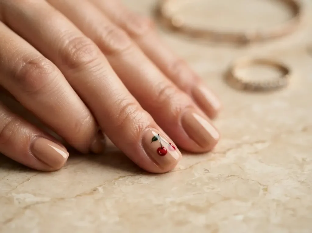 Best Cherry Nail Art: 20 Cute & Classy Designs to Try in 2026 3 Single cherry accent nail on glossy nude manicure