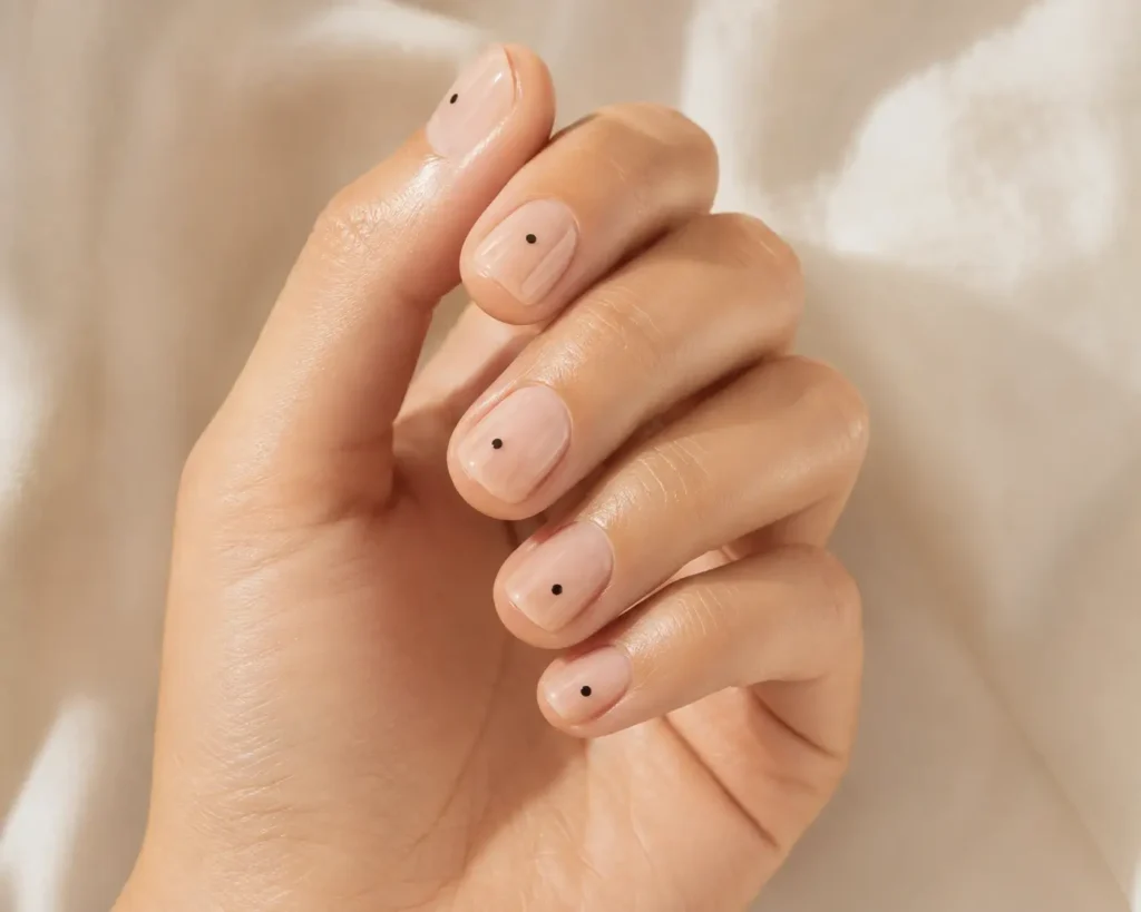 minimalist nude nails with one dot on each nail