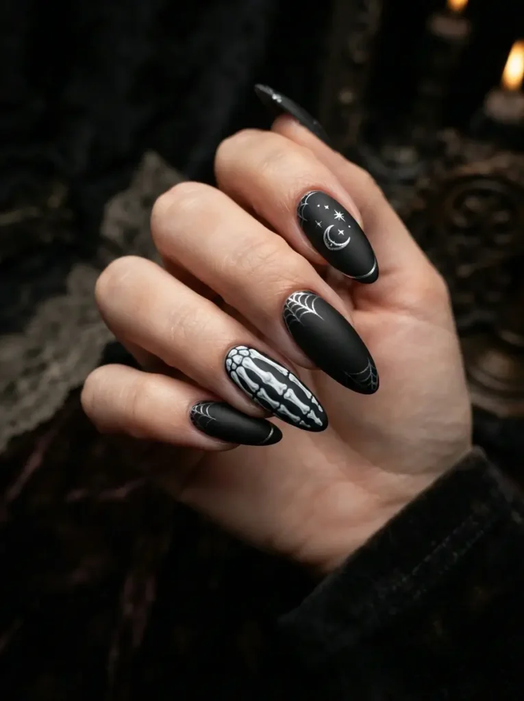 Halloween Nails 2026: 30+ Cute, Classy & Spooky Designs 22 spooky skeleton hand Halloween nail art
