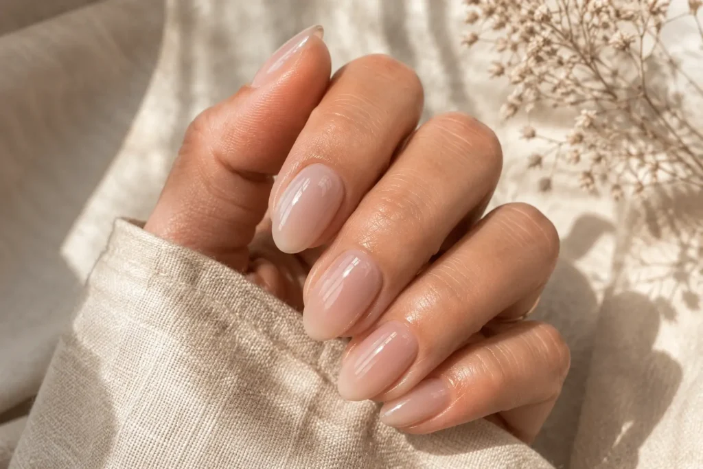 Glossy soap nails on elegant short almond-shaped nails.