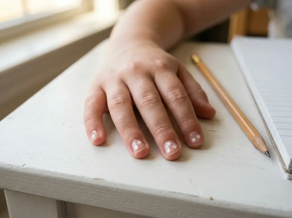 Back to School Nails for Kids: 15 Cute, Simple & Age-Appropriate Ideas 4 Short clear nails with flat star stickers for kids